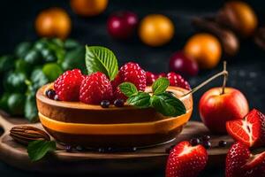 fresh fruit in a bowl on a dark background. AI-Generated photo