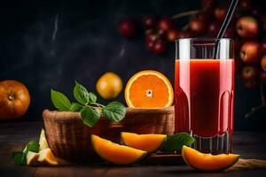 a glass of juice with oranges and apples. AI-Generated photo