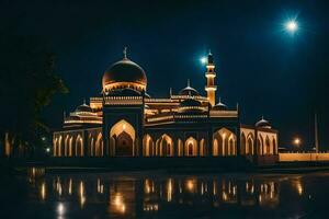 the mosque at night with the moon in the sky. AI-Generated photo