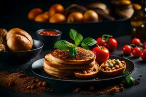 pancakes with tomato sauce and spices on a black plate. AI-Generated photo