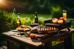 parrilla con carne y vegetales en un mesa en el jardín. generado por ai foto