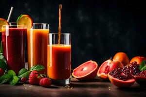 fresh juice in glasses with fruits and berries. AI-Generated photo
