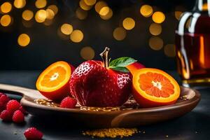 un manzana, naranjas y jarabe en un de madera lámina. generado por ai foto