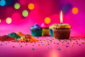 birthday candles and cupcakes on a pink background. AI-Generated photo