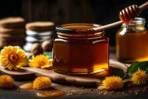 honey and flowers on a wooden table. AI-Generated photo