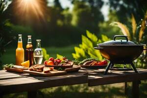 bbq on a picnic table in the garden. AI-Generated photo