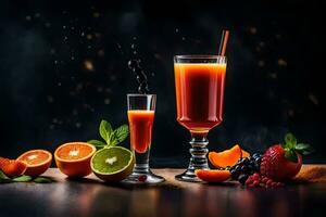 naranja jugo con frutas y bayas en un oscuro antecedentes. generado por ai foto
