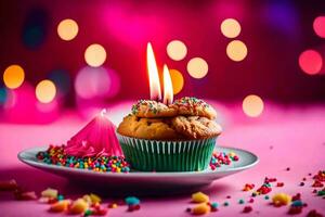 a cupcake with a lit candle is on a plate. AI-Generated photo