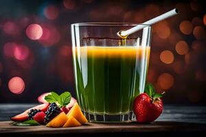 a glass of green juice with berries and strawberries. AI-Generated photo