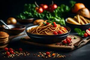 spaghetti with tomatoes and basil on a wooden board. AI-Generated photo