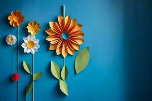 paper flowers on a blue wall. AI-Generated photo