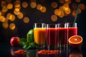 fresh juice in glasses on a black background. AI-Generated photo