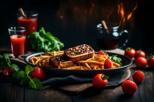 pasta with tomato sauce and fresh herbs on a wooden table. AI-Generated photo