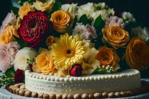 a wedding cake with flowers on top. AI-Generated photo