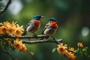 dos vistoso aves sentado en un rama con flores generado por ai foto