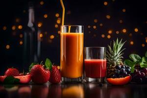 juice being poured into a glass of orange juice. AI-Generated photo