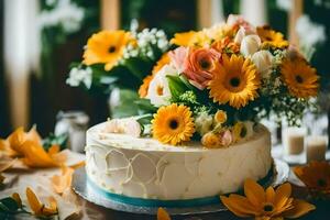 a wedding cake with yellow flowers on top. AI-Generated photo