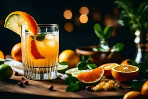orange juice with lime and mint garnish on a wooden table. AI-Generated photo