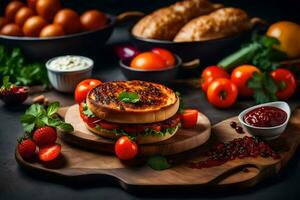 a sandwich with tomatoes, bread and other ingredients. AI-Generated photo