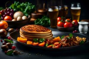 pancakes with vegetables and fruit on a black plate. AI-Generated photo