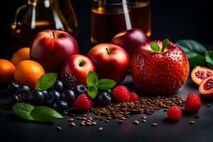 fruit and vegetables on a black background. AI-Generated photo