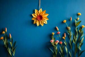 papel flores en un azul pared. generado por ai foto