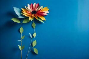 colorful paper flower on a blue background. AI-Generated photo