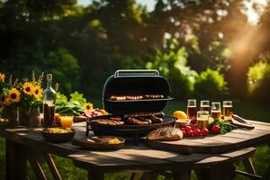 un parilla parrilla con comida y bebidas en él. generado por ai foto