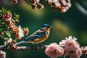 a bird sits on a branch with pink flowers. AI-Generated photo