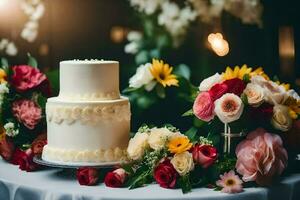 un Boda pastel sentado en un mesa con flores generado por ai foto