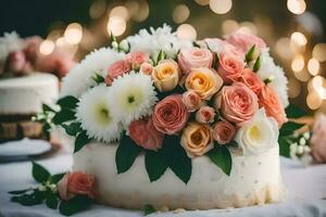 un Boda pastel con flores en cima. generado por ai foto