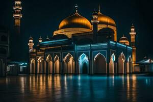 el mezquita a noche con luces en. generado por ai foto