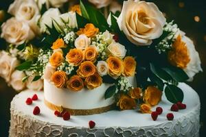a wedding cake with flowers and berries. AI-Generated photo