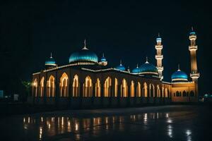 el mezquita a noche con azul cúpulas generado por ai foto