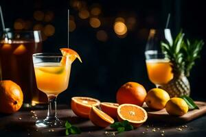 orange juice cocktail with a pineapple and orange slices. AI-Generated photo