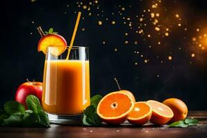 fresh orange juice in a glass with apples and oranges. AI-Generated photo