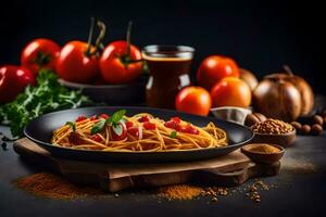 spaghetti with tomatoes and spices on a black background. AI-Generated photo