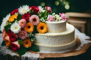 a wedding cake with colorful flowers on top. AI-Generated photo