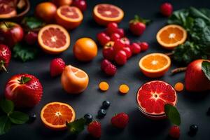 fresh fruits and berries on a black background. AI-Generated photo