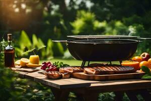 a barbecue grill with meat and vegetables on a table. AI-Generated photo