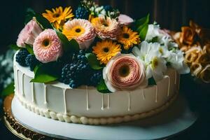 a white cake with flowers on top. AI-Generated photo