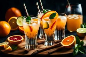 three glasses of orange juice with slices of oranges and mint leaves. AI-Generated photo