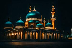 the mosque at night with blue domes. AI-Generated photo