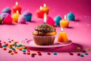 a cupcake with a candle on a pink background. AI-Generated photo
