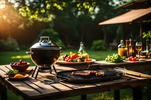 a grill on a table with food and drinks. AI-Generated photo