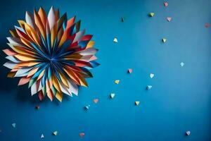 a colorful paper flower on a blue wall. AI-Generated photo