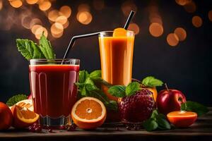fresh juice with fruits and berries on a dark background. AI-Generated photo