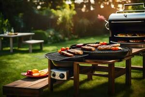 a grill with food on it in the backyard. AI-Generated photo