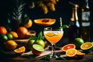 cocktail with orange, lime and grapefruit on a wooden table. AI-Generated photo