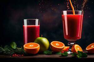 orange juice being poured into a glass with oranges and oranges. AI-Generated photo
